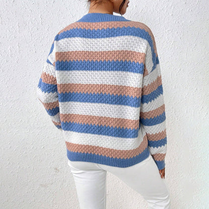 Women's Blue Striped Crew Neck Sweater for Fall and Winter