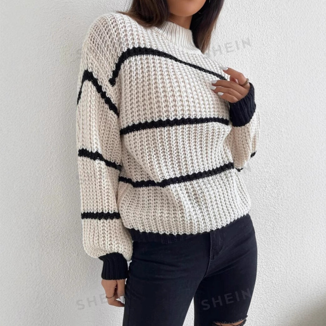 Women's White Striped Crew Neck Sweater for Fall and Winter