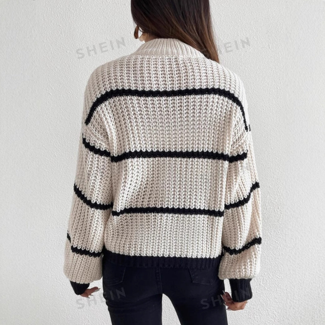 Women's White Striped Crew Neck Sweater for Fall and Winter