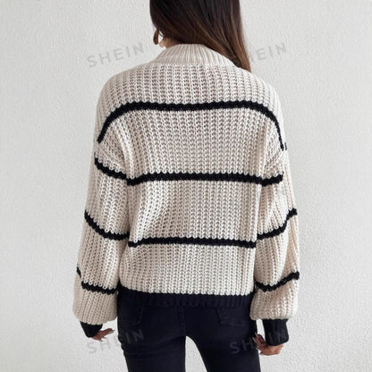 Women's White Striped Crew Neck Sweater for Fall and Winter