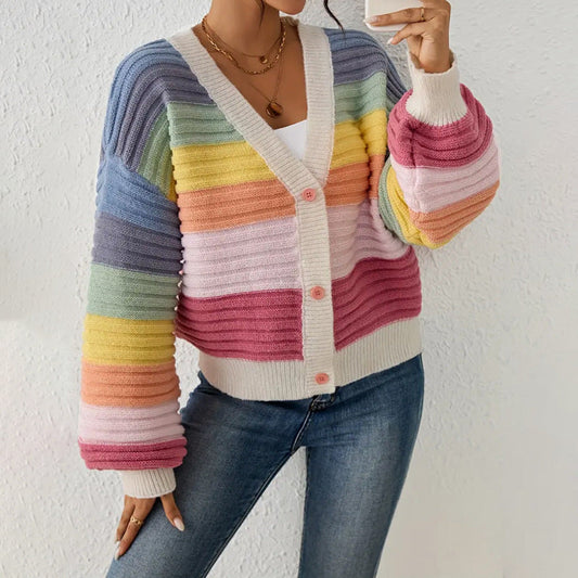 Women's Striped V-Neck Cardigan for Fall and Winter Everyday Wear Pink