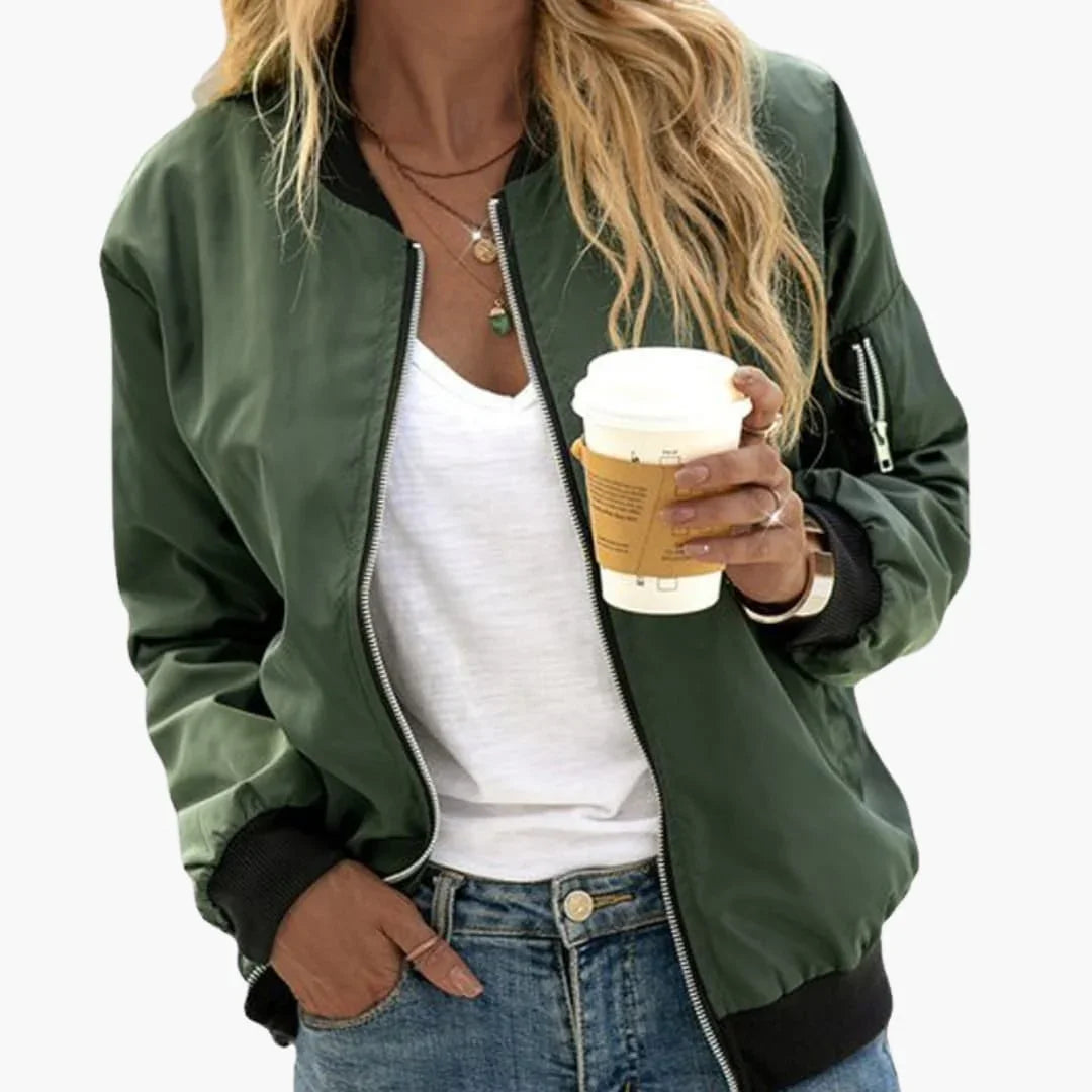 Women's Stylish Bomber Jacket with Zipper Closure for Daily Use Green