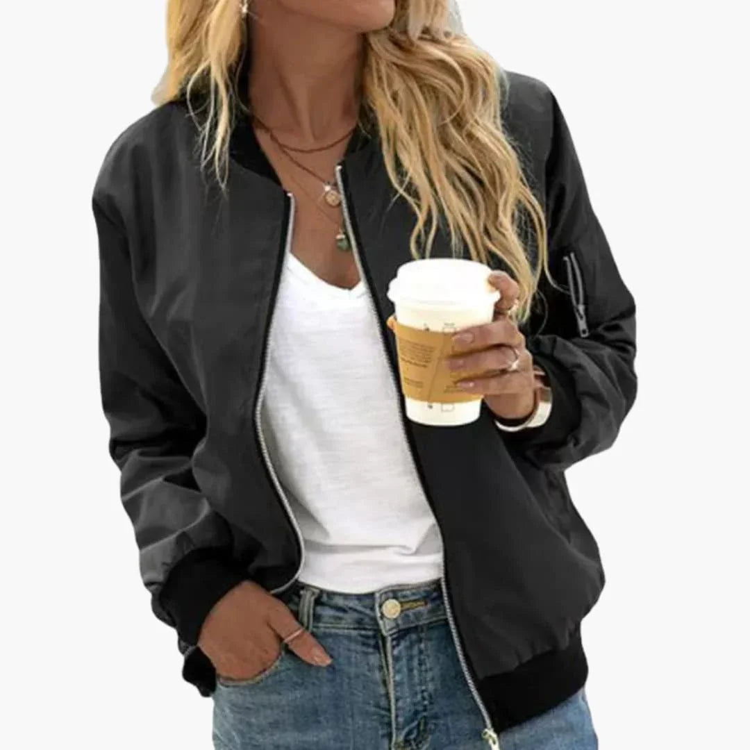 Women's Stylish Bomber Jacket with Zipper Closure for Daily Use Black