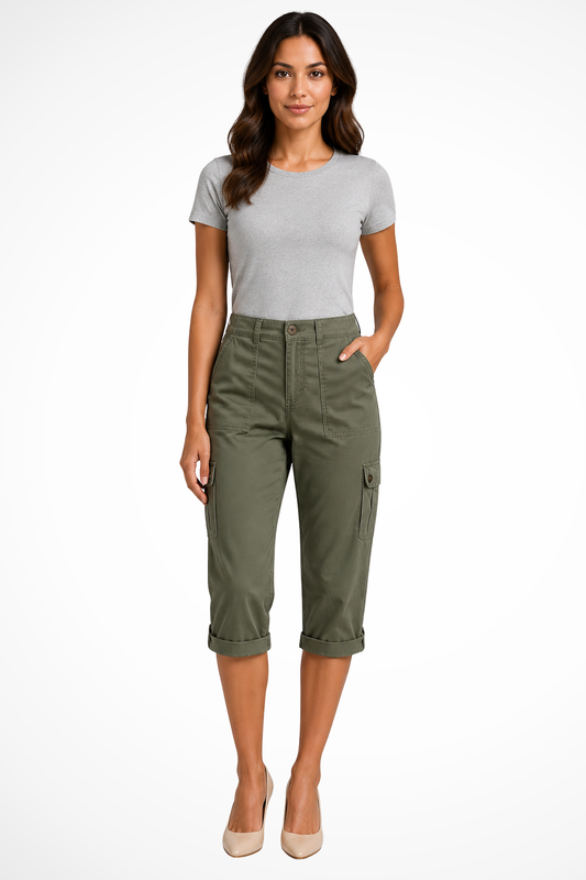 Women's Stylish Cropped Cargo Trousers for Daily Use Warm Green