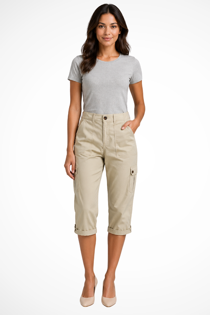 Women's Stylish Cropped Cargo Trousers for Daily Use Warm Beige