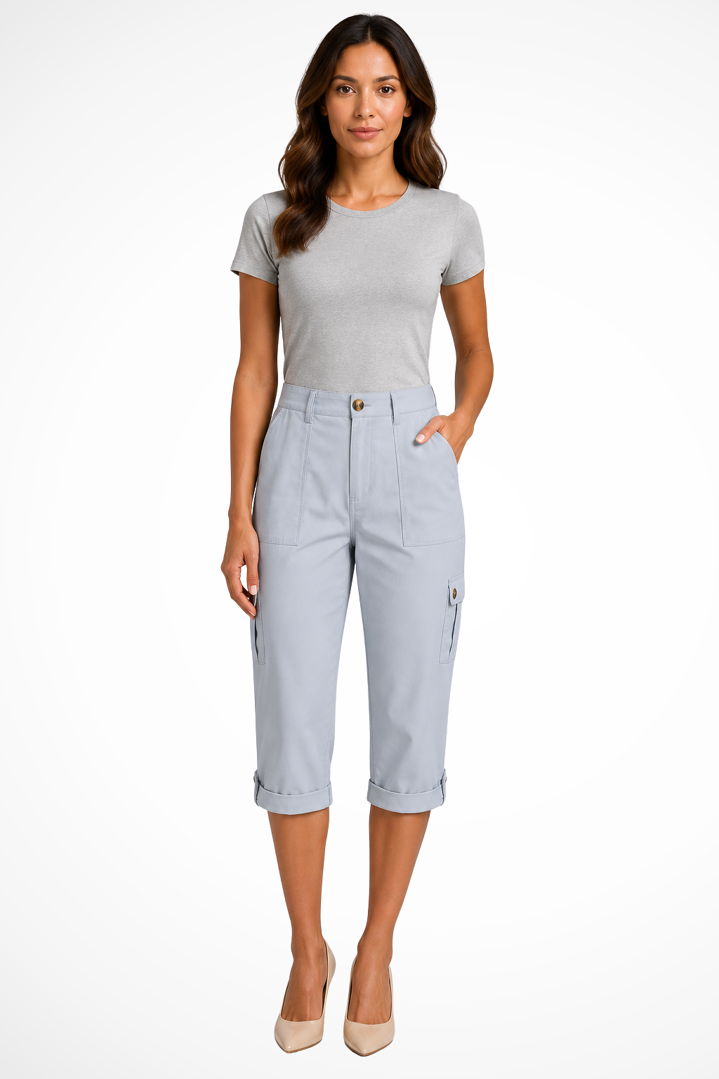 Women's Stylish Cropped Cargo Trousers for Daily Use Warm Light Blue