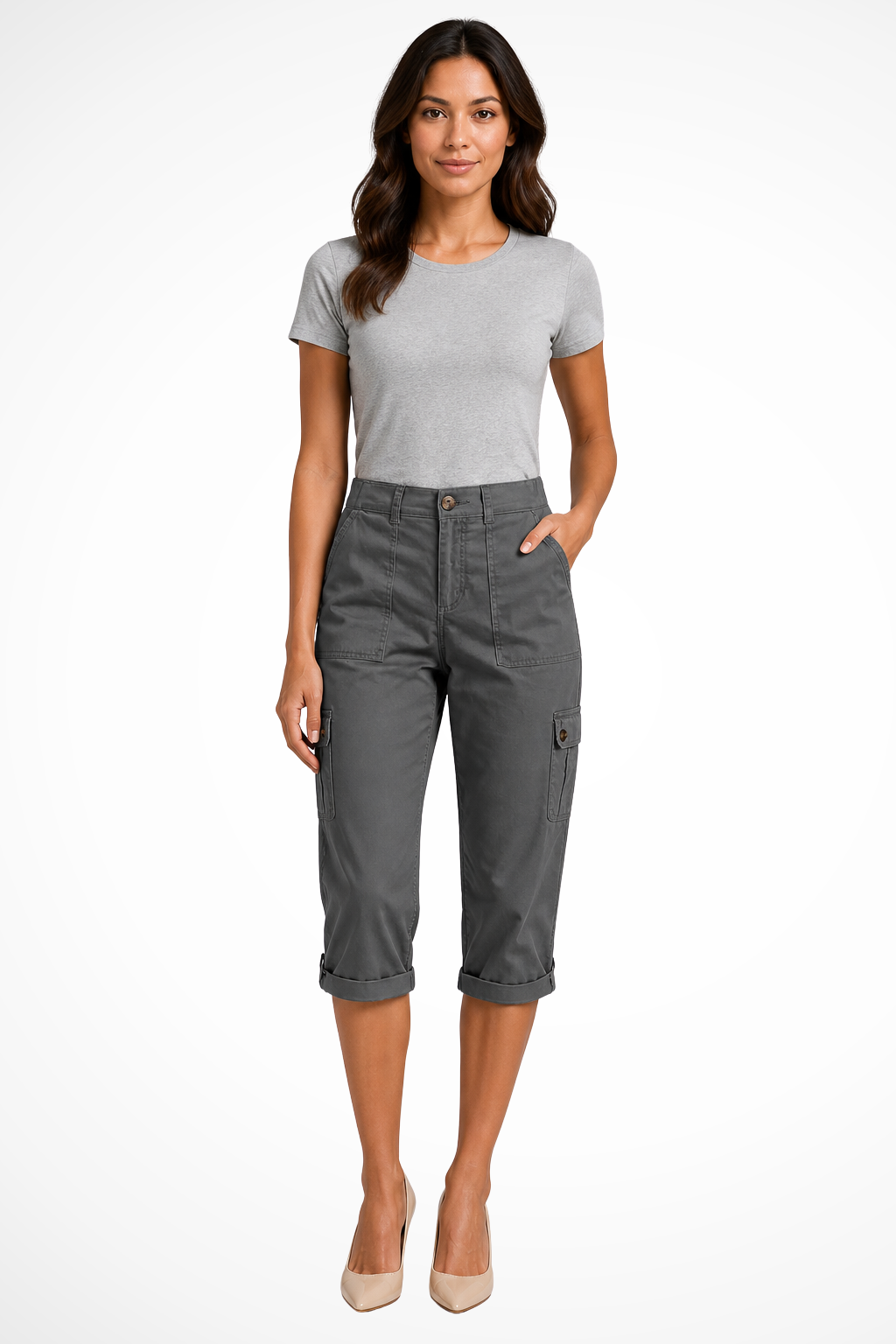 Women's Stylish Cropped Cargo Trousers for Daily Use Warm Grey