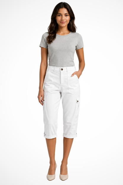 Women's Stylish Cropped Cargo Trousers for Daily Use Warm White