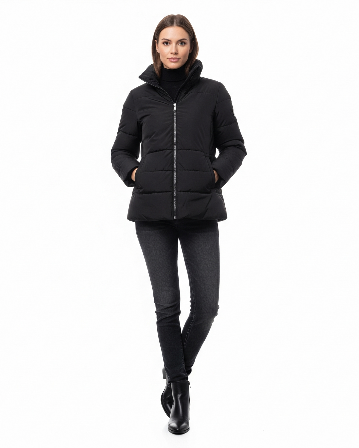 Women's Stylish High Collar Classic Puffer Jacket for Daily Use Black