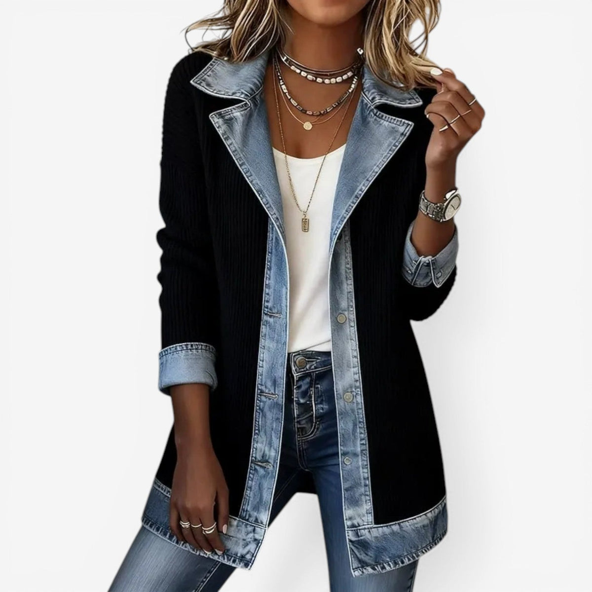 Women's Stylish Hybrid Denim Jacket with Button-front for Daily Use Black