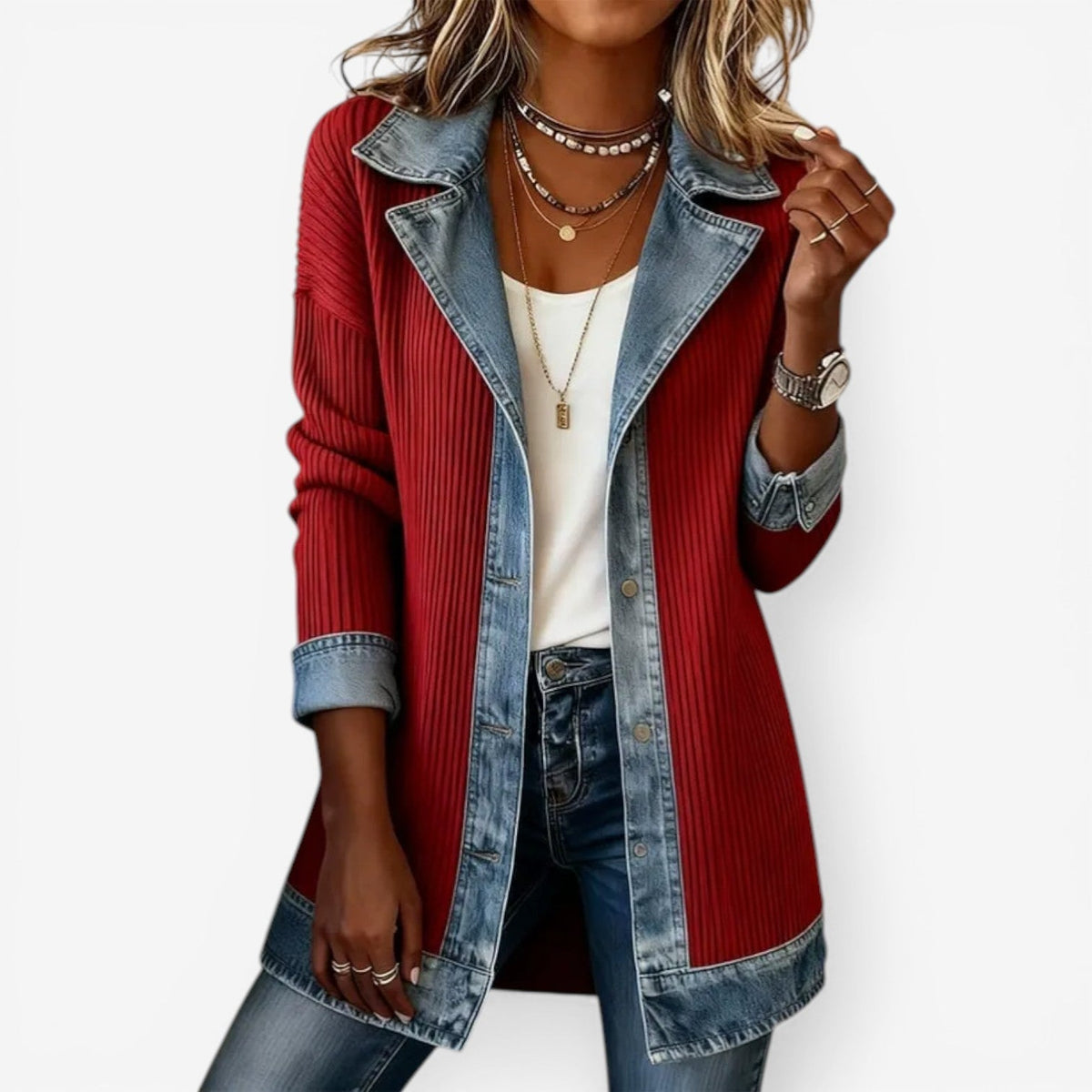 Women's Stylish Hybrid Denim Jacket with Button-front for Daily Use Red