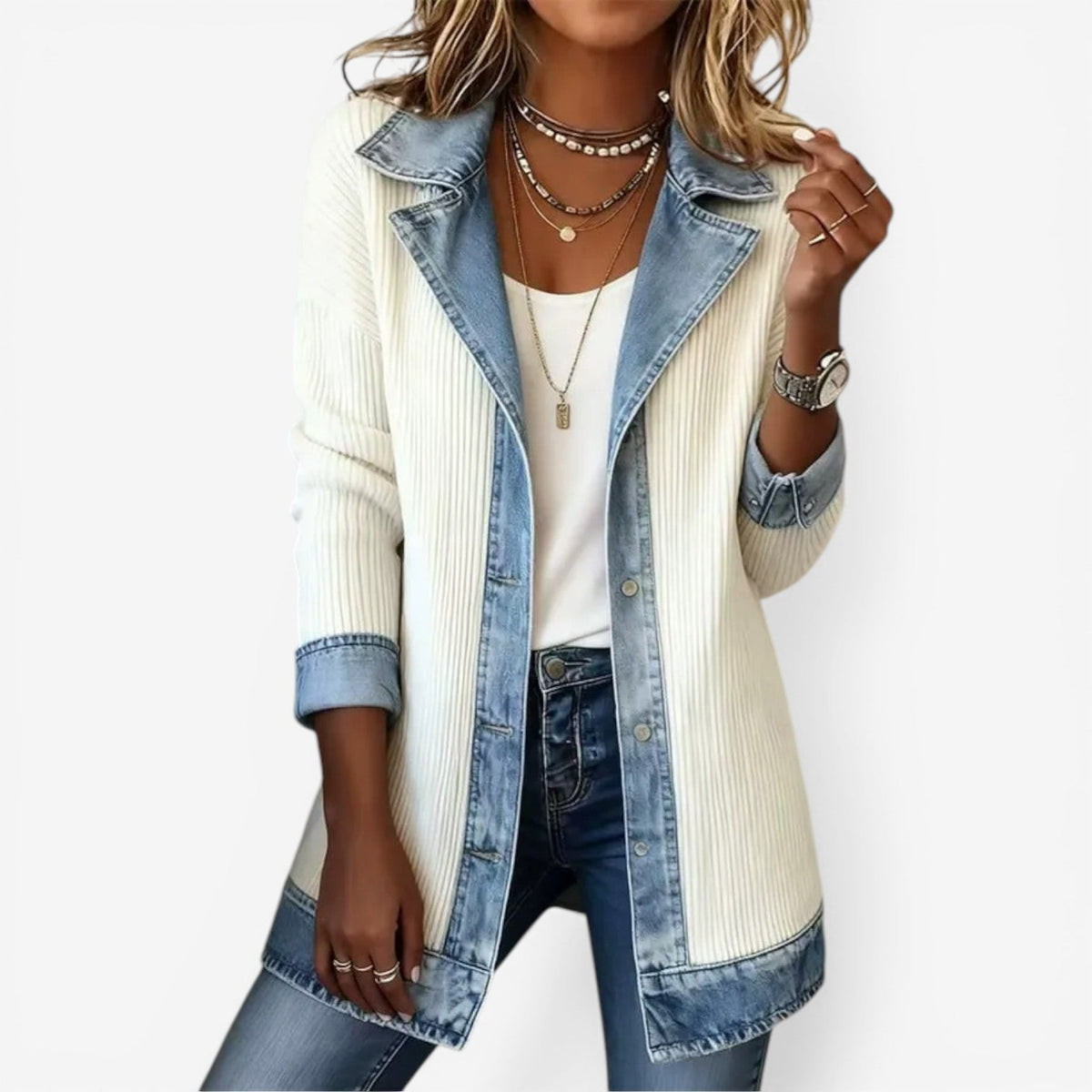 Women's Stylish Hybrid Denim Jacket with Button-front for Daily Use White