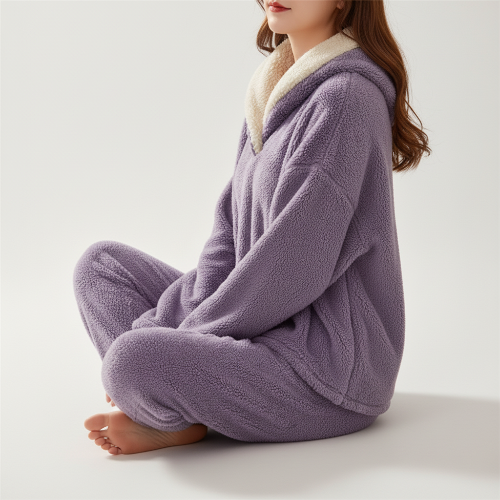 Women's Stylish Two-Piece Outfit Set with Fleece Collar Purple