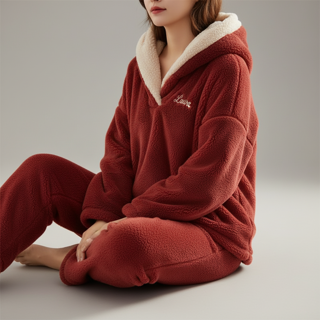 Women's Stylish Two-Piece Outfit Set with Fleece Collar Red