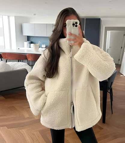 Women's Teddy Zip-Up Coat for Fall and Winter Everyday Wear White