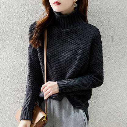 Women's Textured Knit Turtleneck Sweater for Daily Use Warm Black