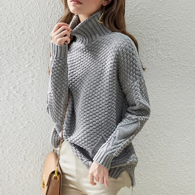 Women's Textured Knit Turtleneck Sweater for Daily Use Warm Gray