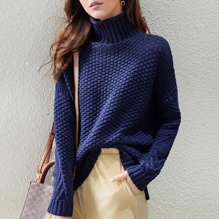 Women's Textured Knit Turtleneck Sweater for Daily Use Warm Blue