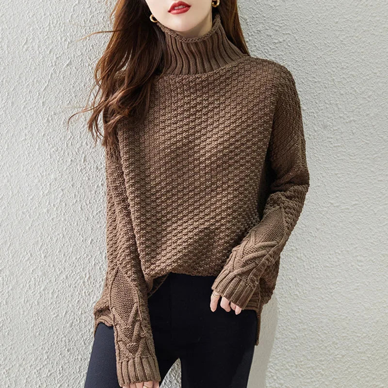 Women's Textured Knit Turtleneck Sweater for Daily Use Warm Brown