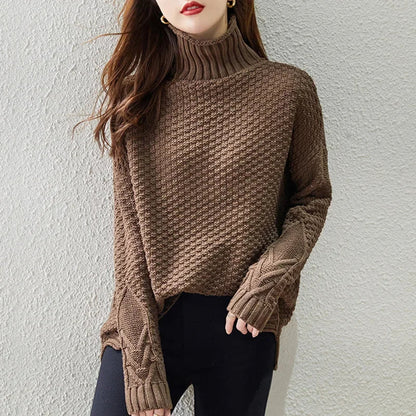 Women's Textured Knit Turtleneck Sweater for Daily Use Warm Brown