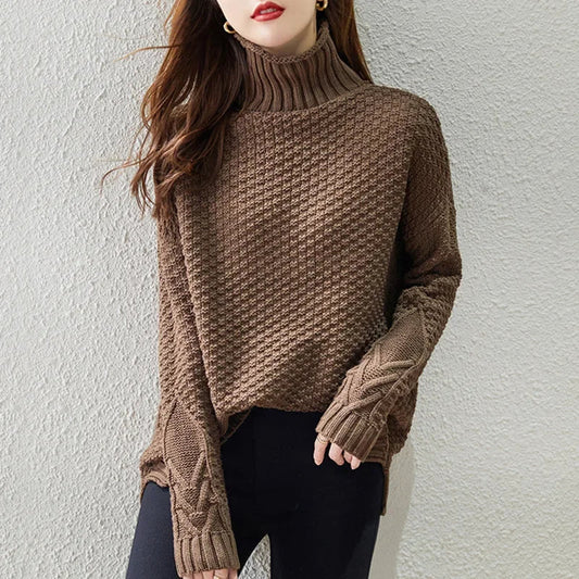 Women's Textured Knit Turtleneck Sweater for Daily Use Warm Brown
