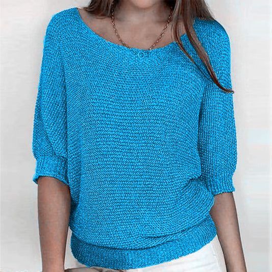 Women's Three-Quarter Sleeve Relaxed Fit Sweater for Daily Use Azure