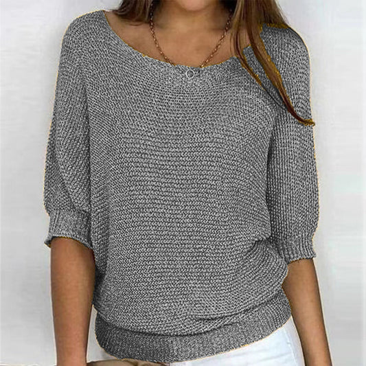 Women's Three-Quarter Sleeve Relaxed Fit Sweater for Daily Use Gray