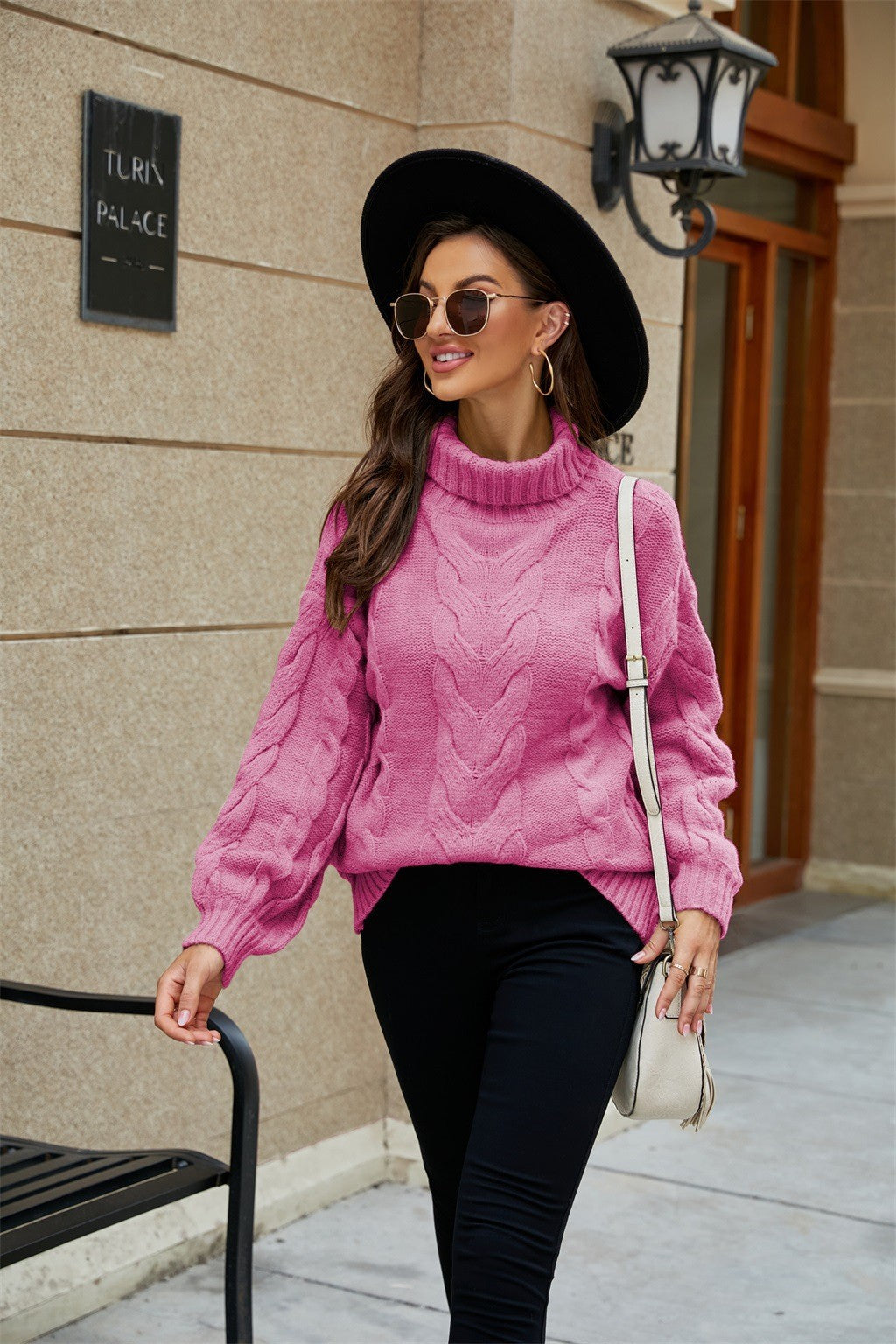 Women's Turtleneck Cable Knit Sweater for Daily Use Warm Pink