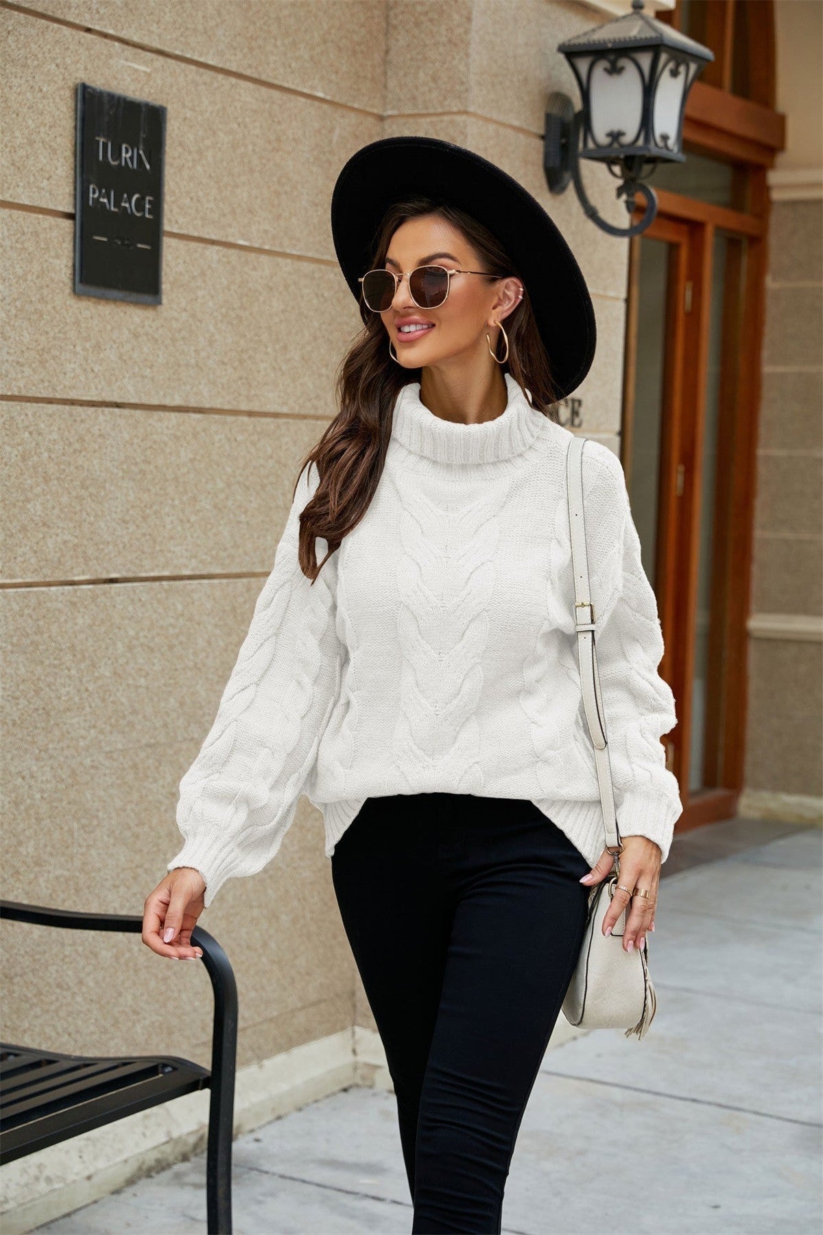 Women's Turtleneck Cable Knit Sweater for Daily Use Warm White