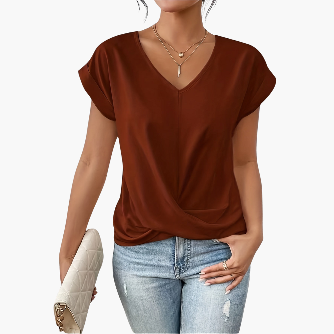 Women's Twist Front V-Neck T-Shirt for Fall and Winter Everyday Wear Red