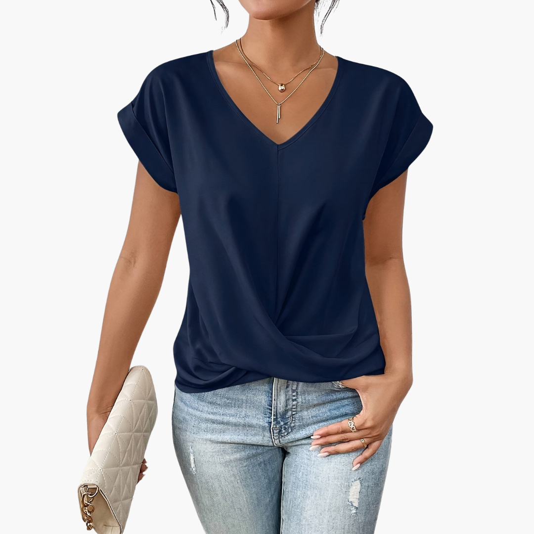 Women's Twist Front V-Neck T-Shirt for Fall and Winter Everyday Wear Blue