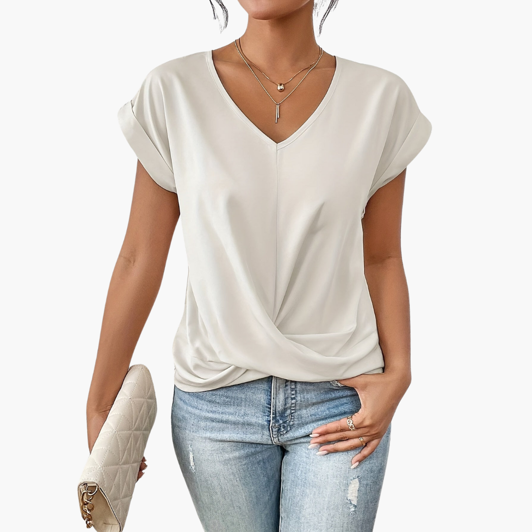 Women's Twist Front V-Neck T-Shirt for Fall and Winter Everyday Wear White
