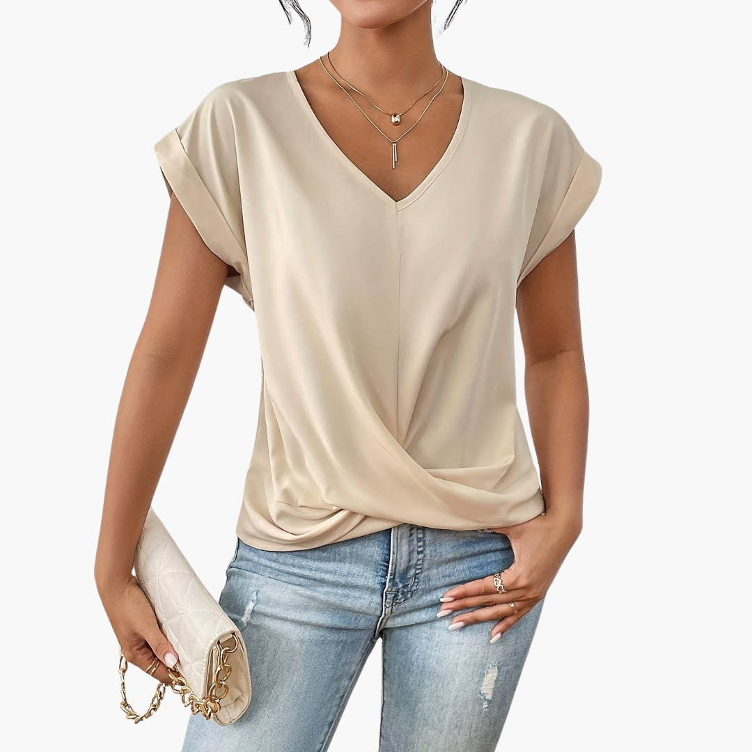 Women's Twist Front V-Neck T-Shirt for Fall and Winter Everyday Wear Apricot