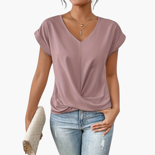 Women's Twist Front V-Neck T-Shirt for Fall and Winter Everyday Wear Pink