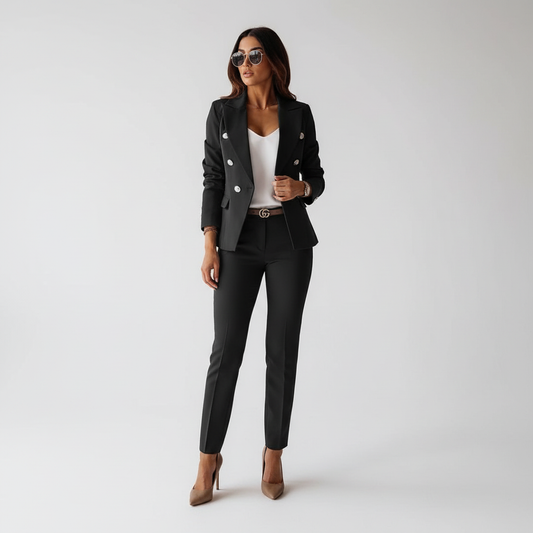 Women's Two-Piece Blazer and Trouser Suit Set with Single-button Black