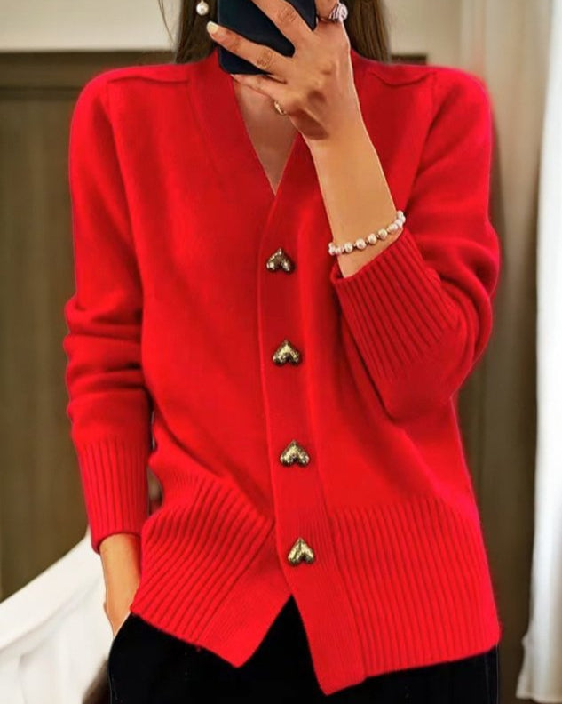 Women's V-Neck Button-Front Cardigan for Fall and Winter Everyday Wear Red