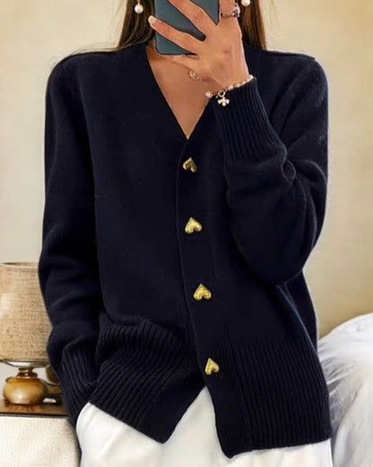Women's V-Neck Button-Front Cardigan for Fall and Winter Everyday Wear Black