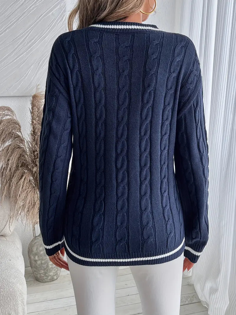 Women's V-Neck Cable Knit Sweater for Fall and Winter Everyday Wear