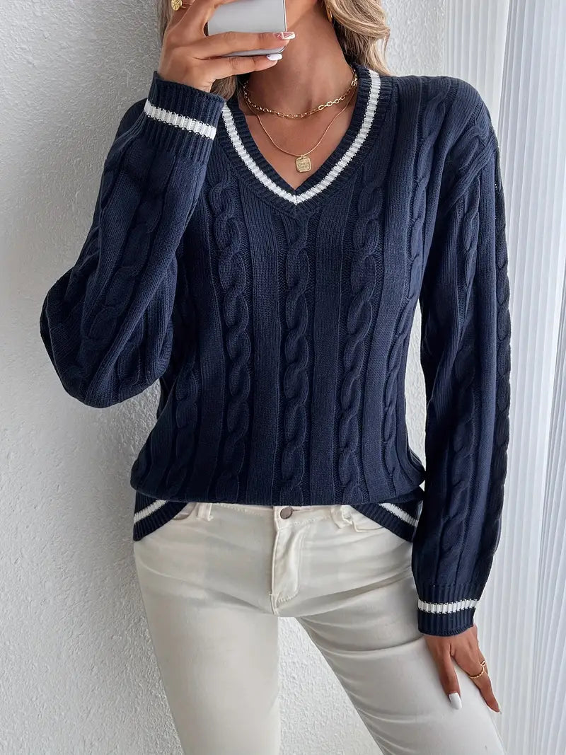 Women's V-Neck Cable Knit Sweater for Fall and Winter Everyday Wear Navy Blue