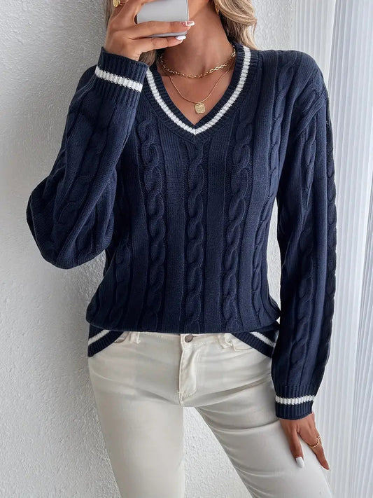 Women's V-Neck Cable Knit Sweater for Fall and Winter Everyday Wear Navy Blue