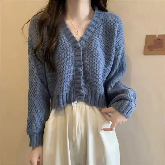 Women's V-Neck Fitted Cardigan for Fall and Winter Everyday Wear Blue