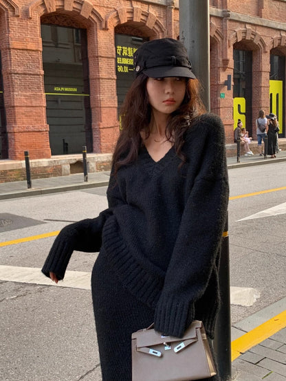 Women's V-Neck Knit Sweater Set for Fall and Winter Everyday Wear
