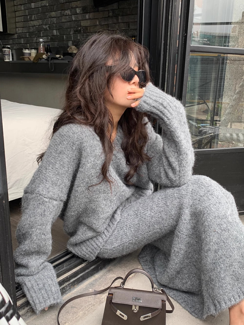 Women's V-Neck Knit Sweater Set for Fall and Winter Everyday Wear Grey