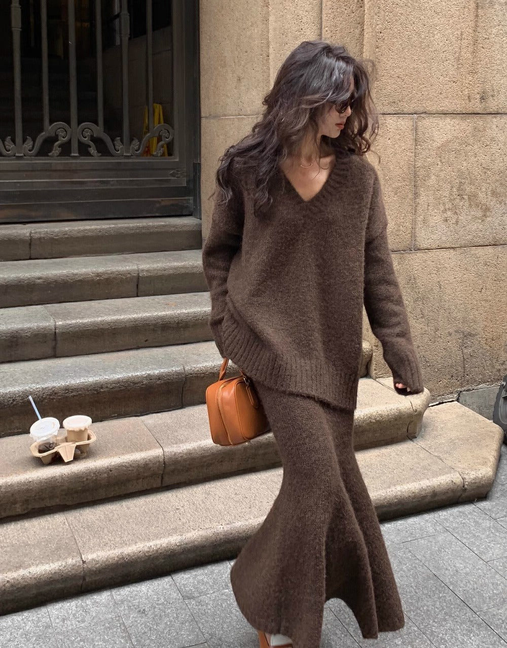 Women's V-Neck Knit Sweater Set for Fall and Winter Everyday Wear Brown