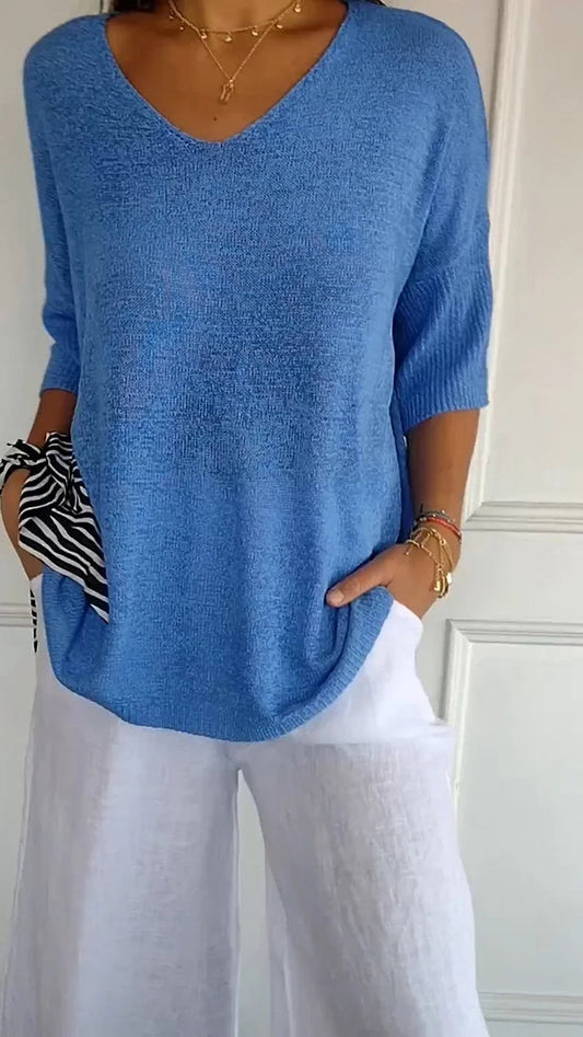 Women's V-Neck Relaxed Fit Knit Sweater for Daily Use Warm Blue