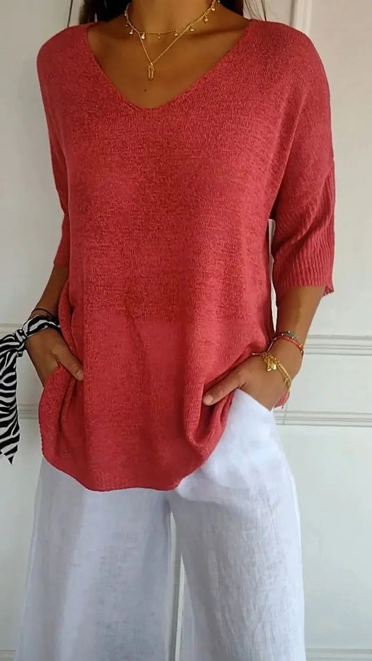 Women's V-Neck Relaxed Fit Knit Sweater for Daily Use Warm Red