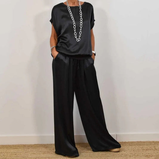 Women's Wide Leg Loose Fit Two-Piece Outfit for Daily Use Black