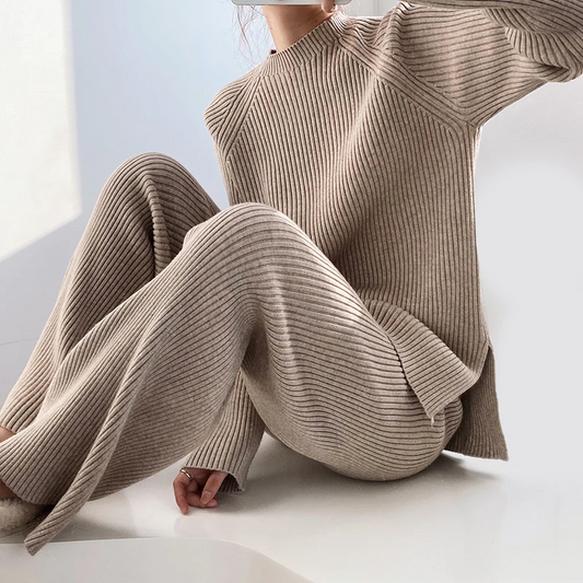 Women's Wide Leg Two-Piece Outfit for Fall and Winter Everyday Wear Beige One size
