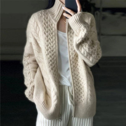 Women's Zip Up Cable Knit Cardigan for Fall and Winter Everyday Wear Beige