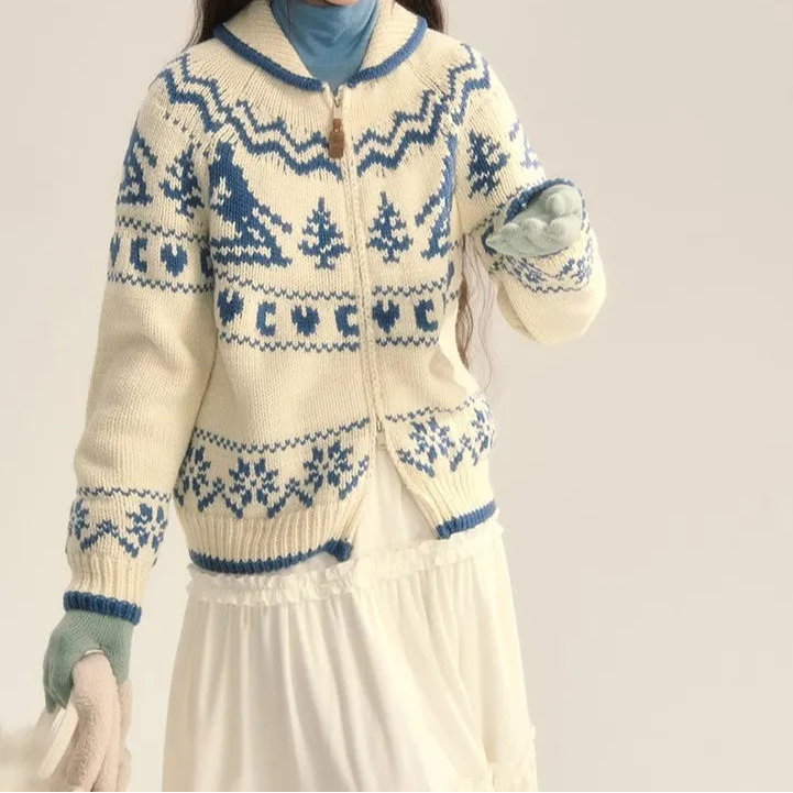 Women's Zip-Up Fair Isle Knit Cardigan for Daily Use Warm